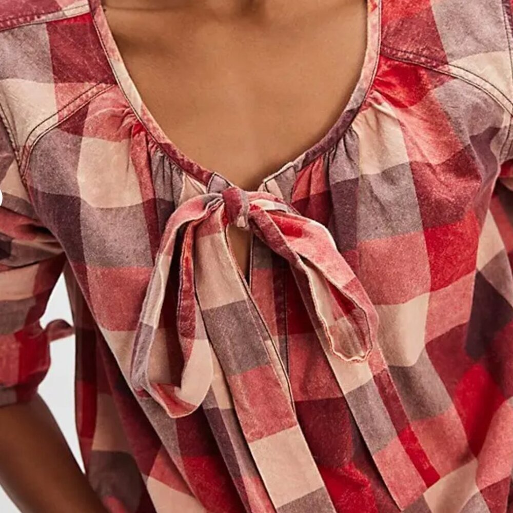 NWT $128 Free People We The Free Big Bow Plaid Pullover Tunic Shirt Size XS
